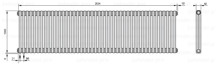 Схема (чертеж) Радиатор Zehnder Charleston 2100/44 №3370 Белый глянцевый RAL 9016
